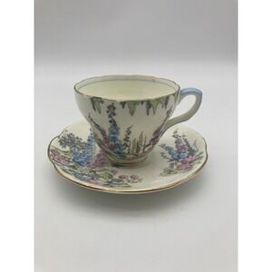 Vintage Foley Bone China Teacup Saucer Set Cottage Garden Foxglove Blue Handle